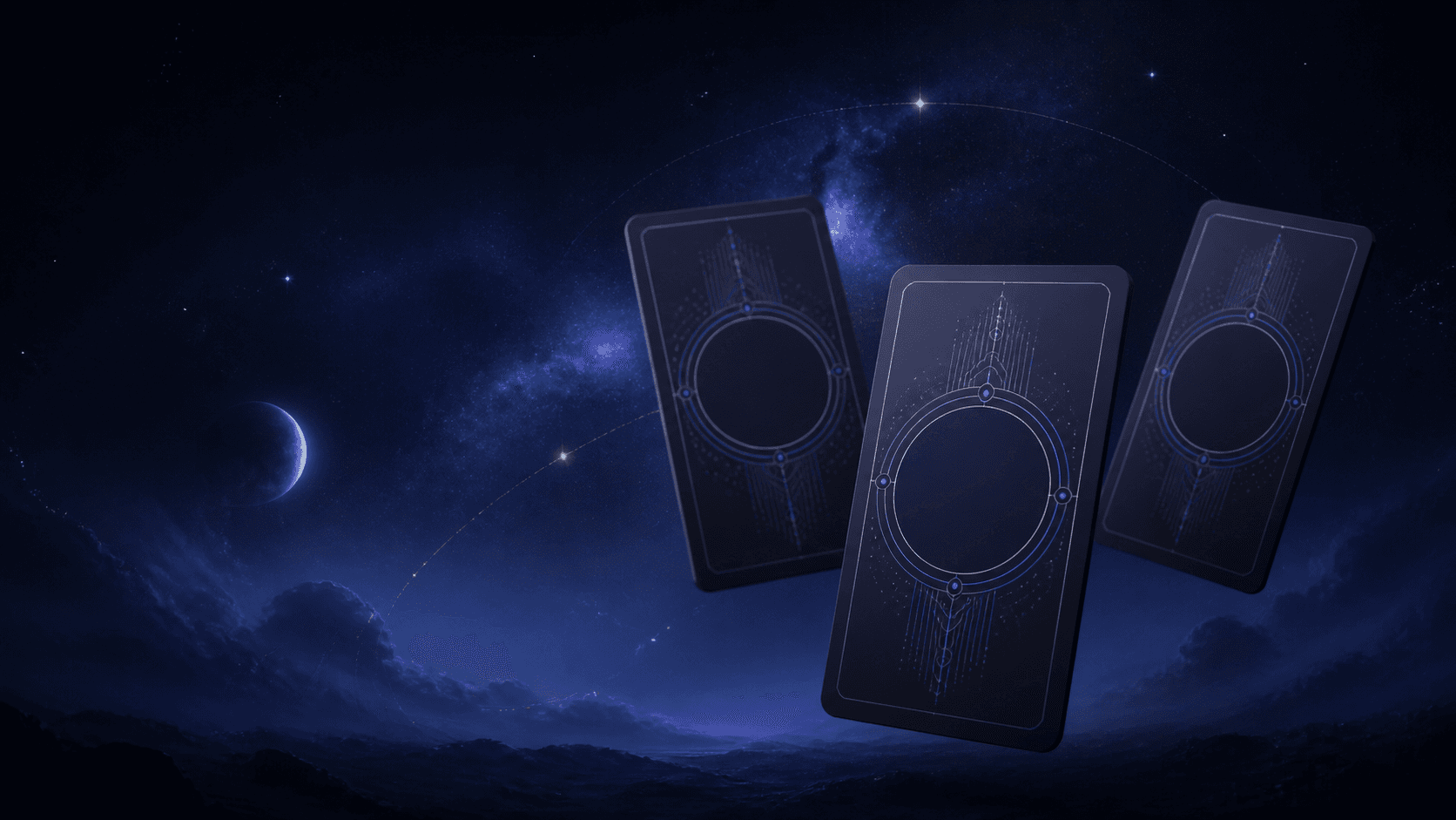 Tre carte dei Tarocchi Triskell sospese in un paesaggio cosmico blu