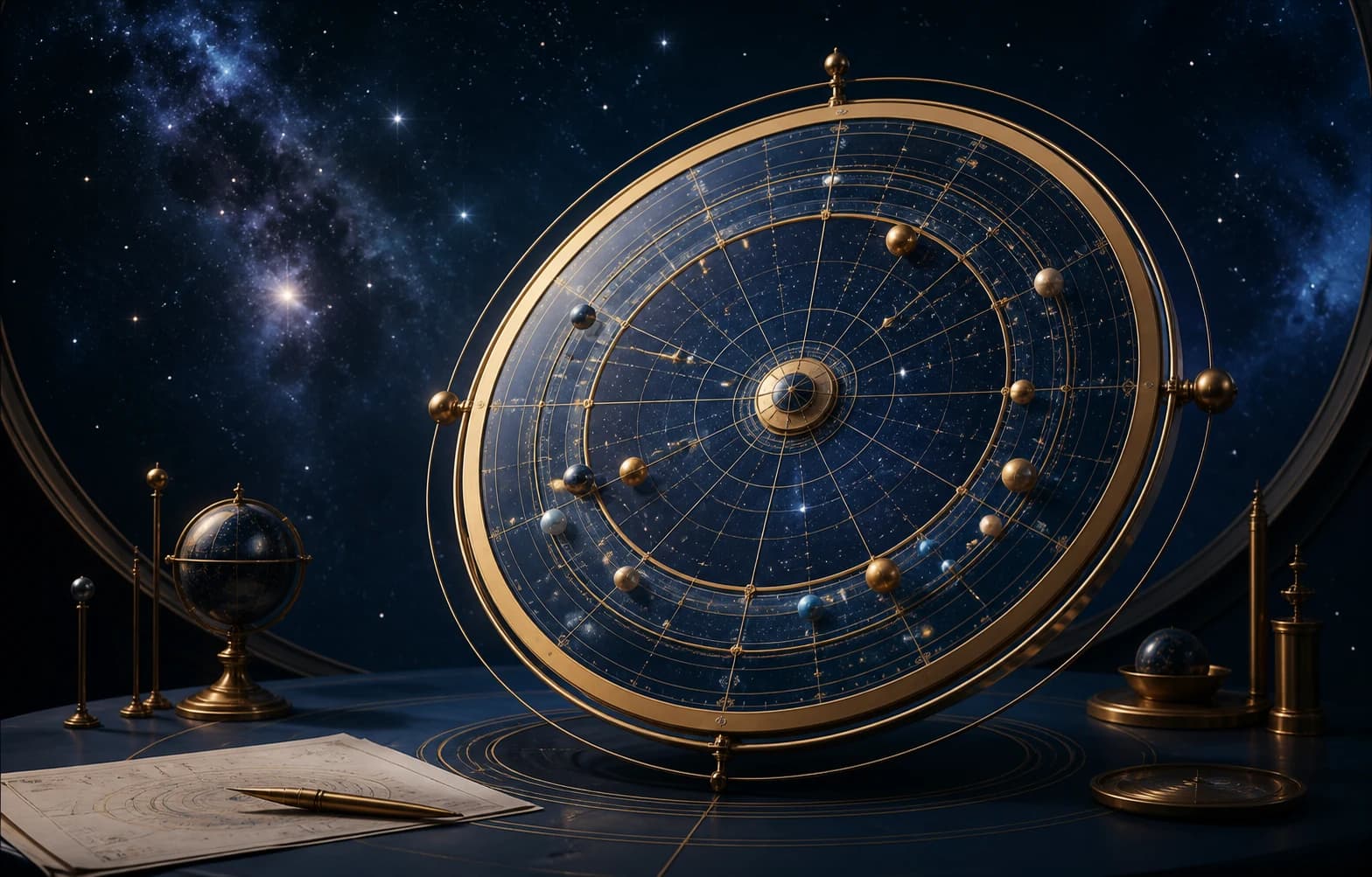 Un grande strumento astronomico dorato sospeso davanti a un cielo stellato